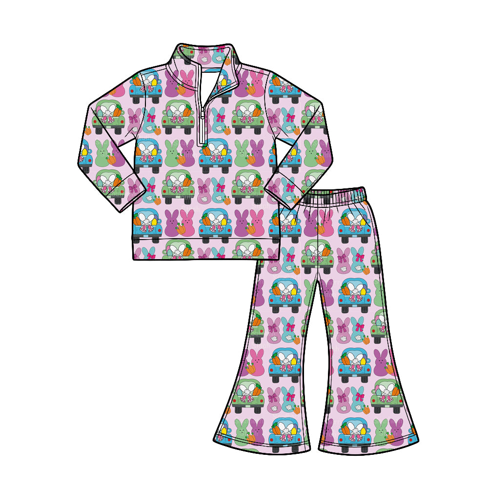 Preorder (moq 5) Girl Clothes Easter Bunny Truck Print Long‑sleeve Quarter Zip Top Flare Pants Set