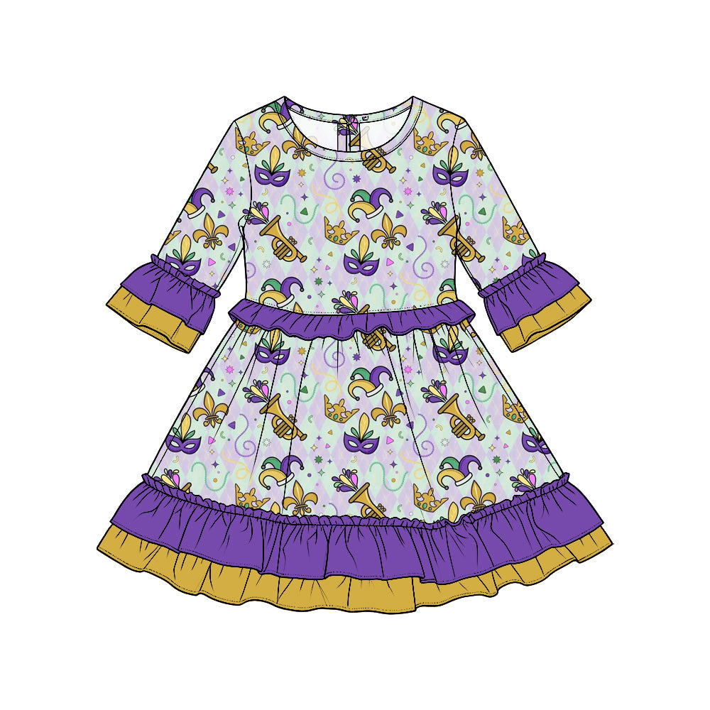 Preorder moq5  Girls’ Mardi Gras Party Dress, Trumpet Mask Print, Long-Sleeve Ruffle Dress, Festive Carnival Holiday Outfit