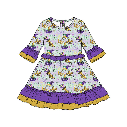 Preorder moq5  Girls’ Mardi Gras Party Dress, Trumpet Mask Print, Long-Sleeve Ruffle Dress, Festive Carnival Holiday Outfit