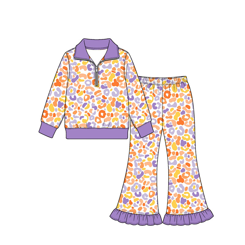 Preorder (moq 5) Baby Girl Clothes Vibrant Purple Multi Leopard Print Long Sleeve Half Zip Top Ruffle Flare Pant Set