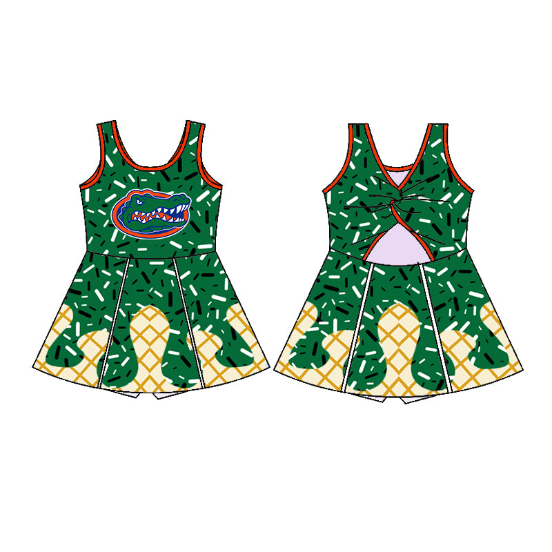 Preorder (moq 5)Baby Girls Green Sleeveless Drip Crocodile Short Team Knee Length Dresses