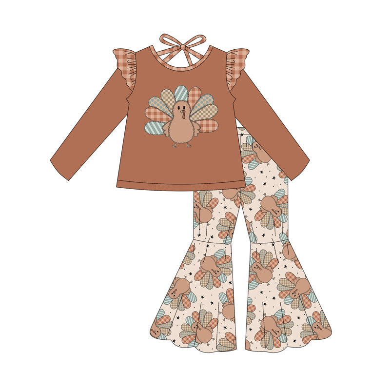 Preorder (moq 5)Baby Girls Khaki Long Sleeves Turkey Stars Plaid Top Bell Bottom Pant Set