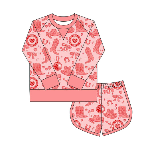 Preorder(moq 8)Baby Girls Pink Hearts Boots Hats Long Sleeve Top Shorts Western Clothes Set