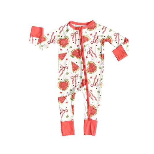 Preorder (moq 8)Baby Girls Long Sleeve Bows Watermelons Peaches Zipper Footie Rompers