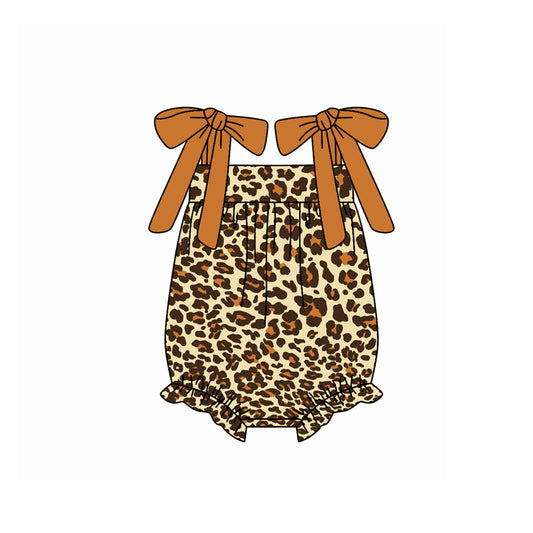 Preorder(moq 5)Baby Infant Girls Khaki Bows Strap Leopard Summer Rompers