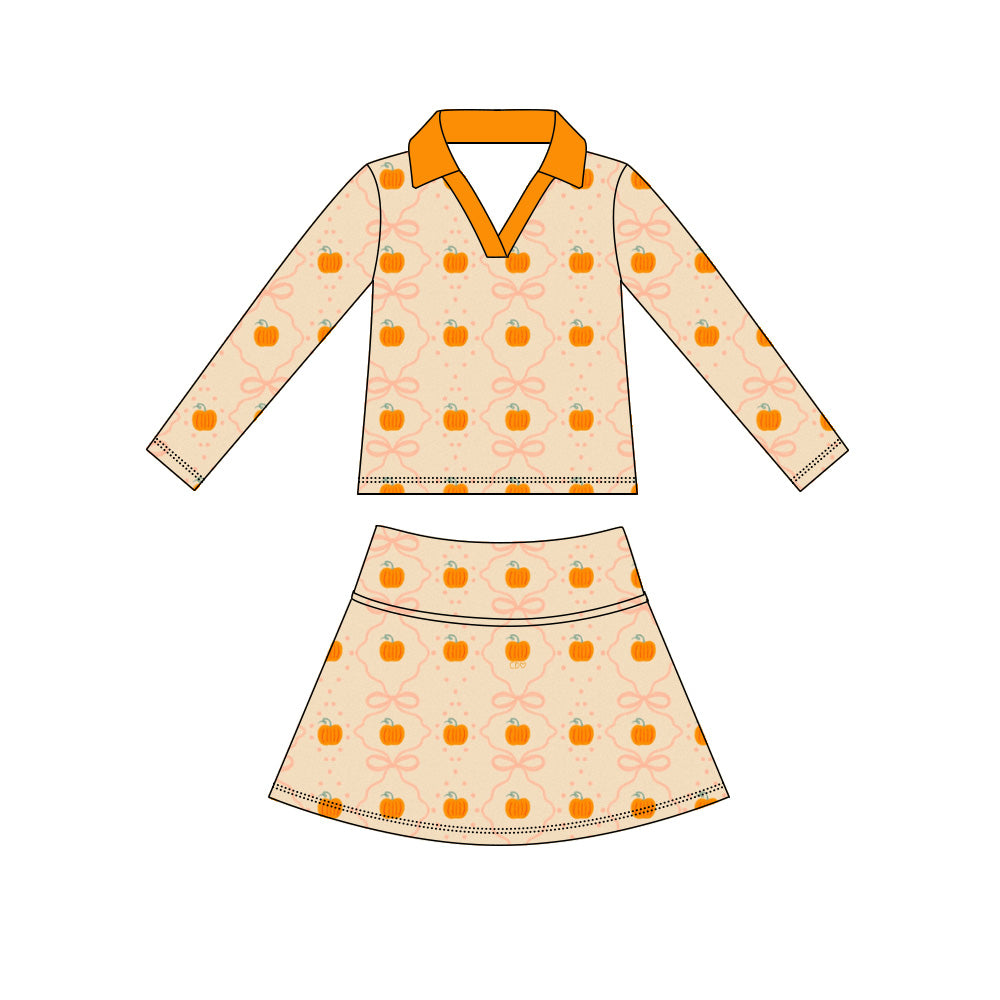 Preorder (moq 5)Baby Girls Pumpkins Bows Checked Top Skirt Shorts Fall Clothes Sets