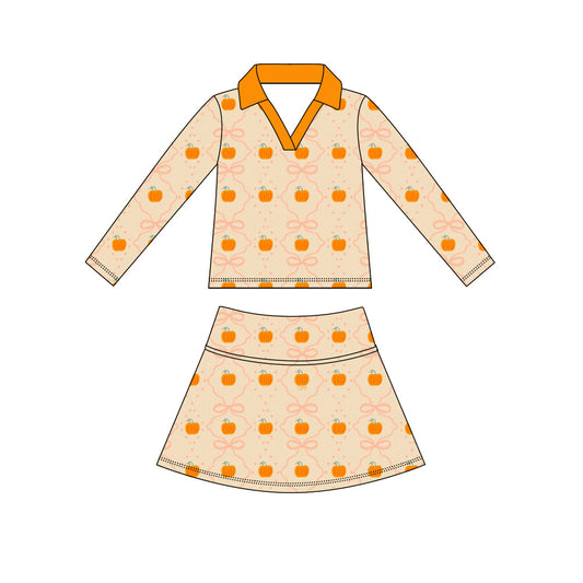 Preorder (moq 5)Baby Girls Pumpkins Bows Checked Top Skirt Shorts Fall Clothes Sets