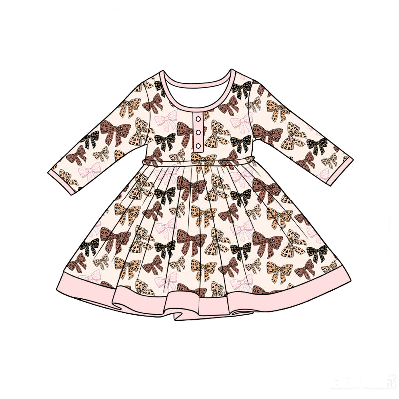 Preorder (moq 5)Baby Girls Long Sleeve Colorful Leopard Bows Button Ruffle Knee Length Dress