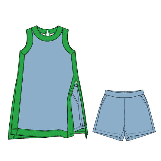 Preorder moq 5 Baby Girls Green Blue Split Tunic Pockets Short Clothes Sets