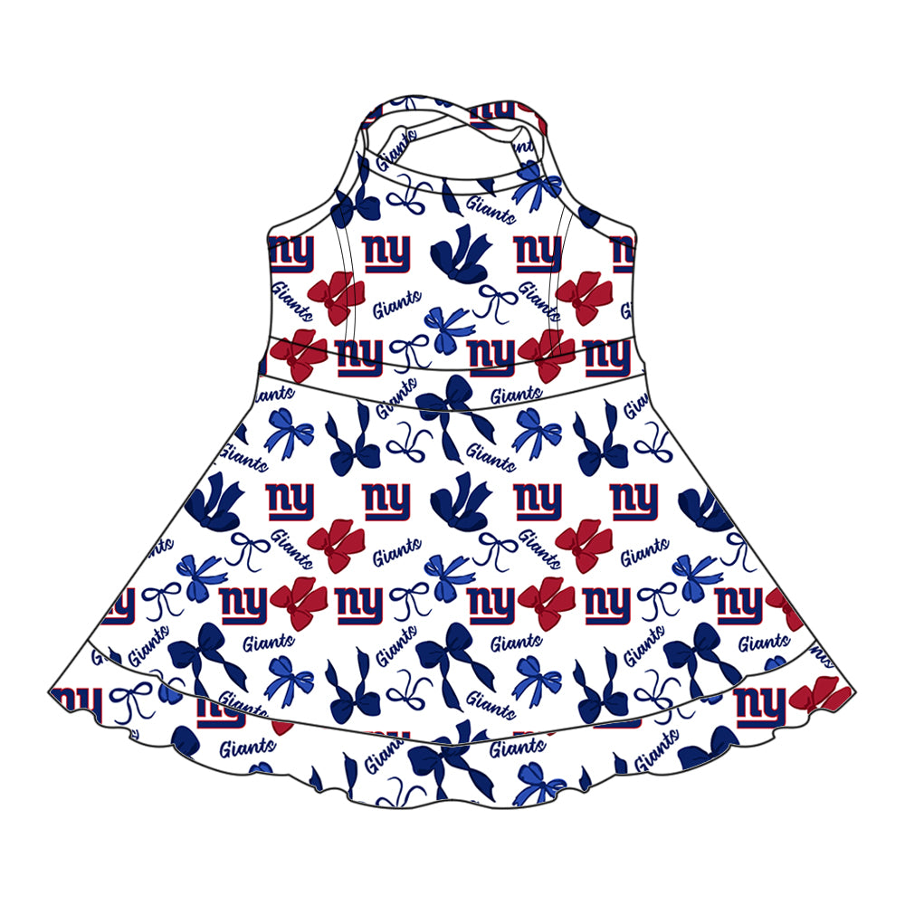 Preorder (moq 5)Baby Girls Strap Bows Plaid NY Giants Short Ruffle Team Knee Length Dresses