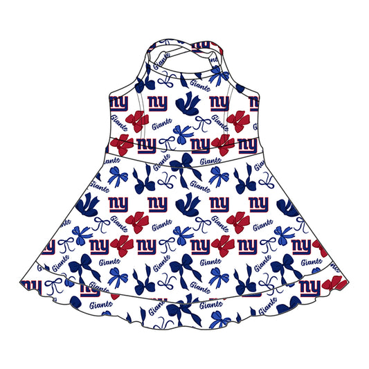 Preorder (moq 5)Baby Girls Strap Bows Plaid NY Giants Short Ruffle Team Knee Length Dresses