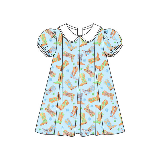 Preorder (moq 5)Baby Girls Floral Boots Stars Western Collar Knee Length Dresses