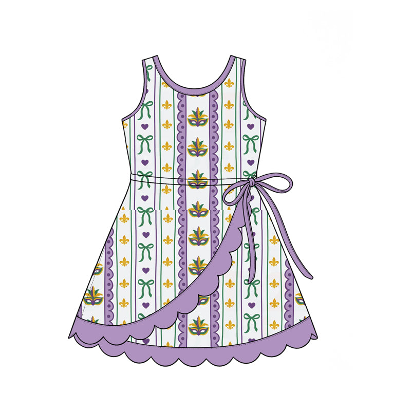 Preorder (moq 5) Girls’ Purple Sleeveless Mask & Bow Round-Neck Ruffle Dress | Festive Kids’ Party Dress Set
