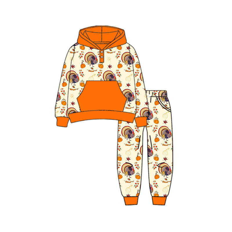 Preorder (moq 5)Baby Boys Long Sleeves Pumpkins Turkey Button Pockets Hoodies Top Legging Pants Fall Set