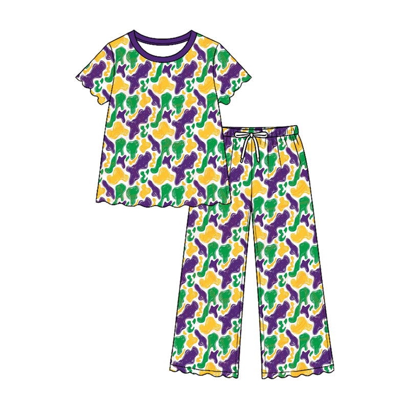 Pre-order(moq5)  Girls’ Fall Green Round-Neck Short-Sleeve Top & Bow-Detail Elastic-Waist Straight-Leg Pants Two-Piece Outfit Set