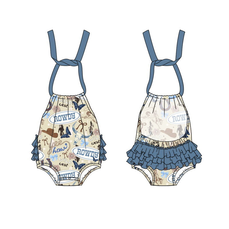 Preorder(moq 5)Baby Infant Girls Blue Strap Horse Rodeo Hats Backless Bubble Rompers