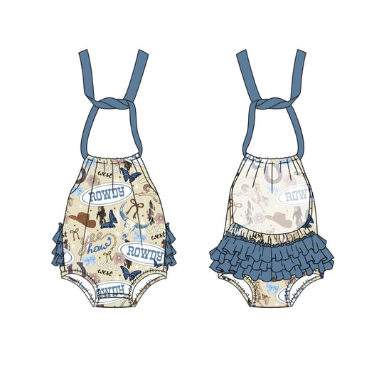 Preorder(moq 5)Baby Infant Girls Blue Strap Horse Rodeo Hats Backless Bubble Rompers