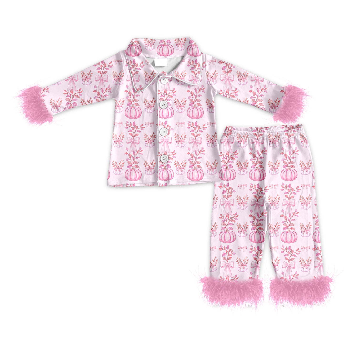 Preorder (moq 5)Baby Girls Pink Long Sleeves With Fur Button Pumpkins Floral Top Pant Pajamas Set