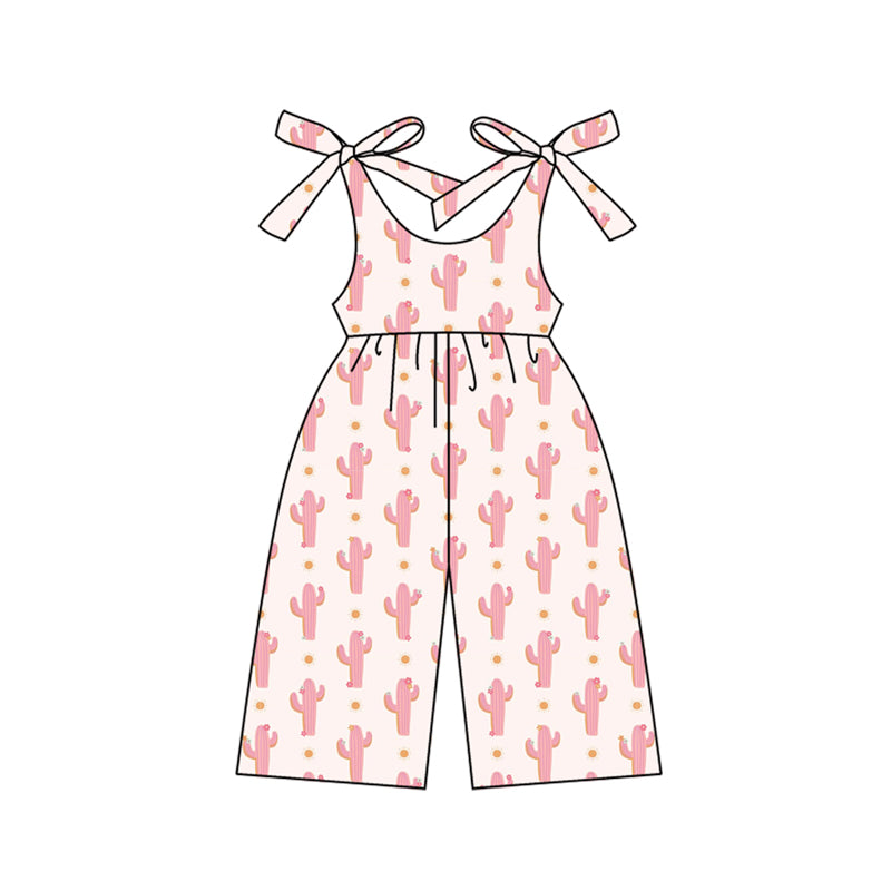 Preorder (moq 5)Baby Girls Bows Strap Pink Cactus Polka Dots Pant Jumpsuits
