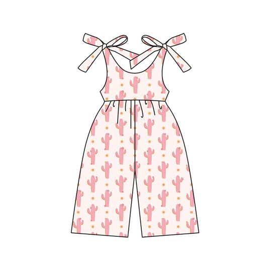 Preorder (moq 5)Baby Girls Bows Strap Pink Cactus Polka Dots Pant Jumpsuits
