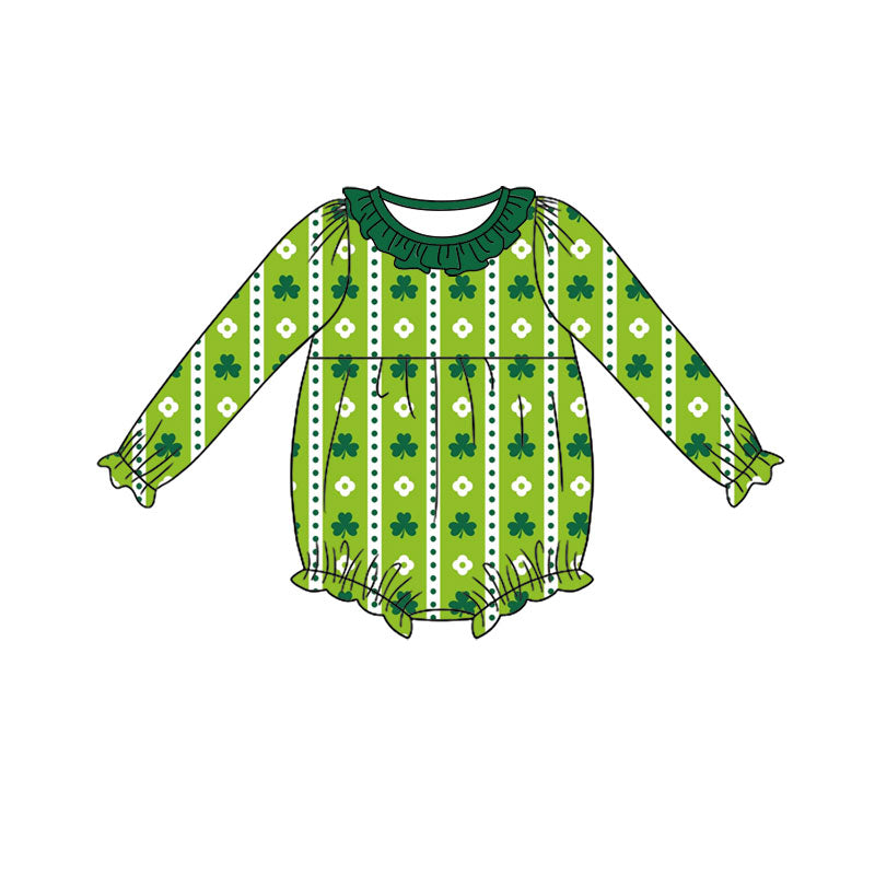 Preorder (moq 5) Baby Girl Clothes St Patrick's Day Simple Clover Flower Striped Print Long Sleeve Ruffle Bubble Romper