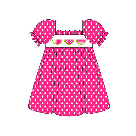 Preorder (moq 5)Baby Girls Pink Polka Dots Watermelon Print Knee Length Dresses