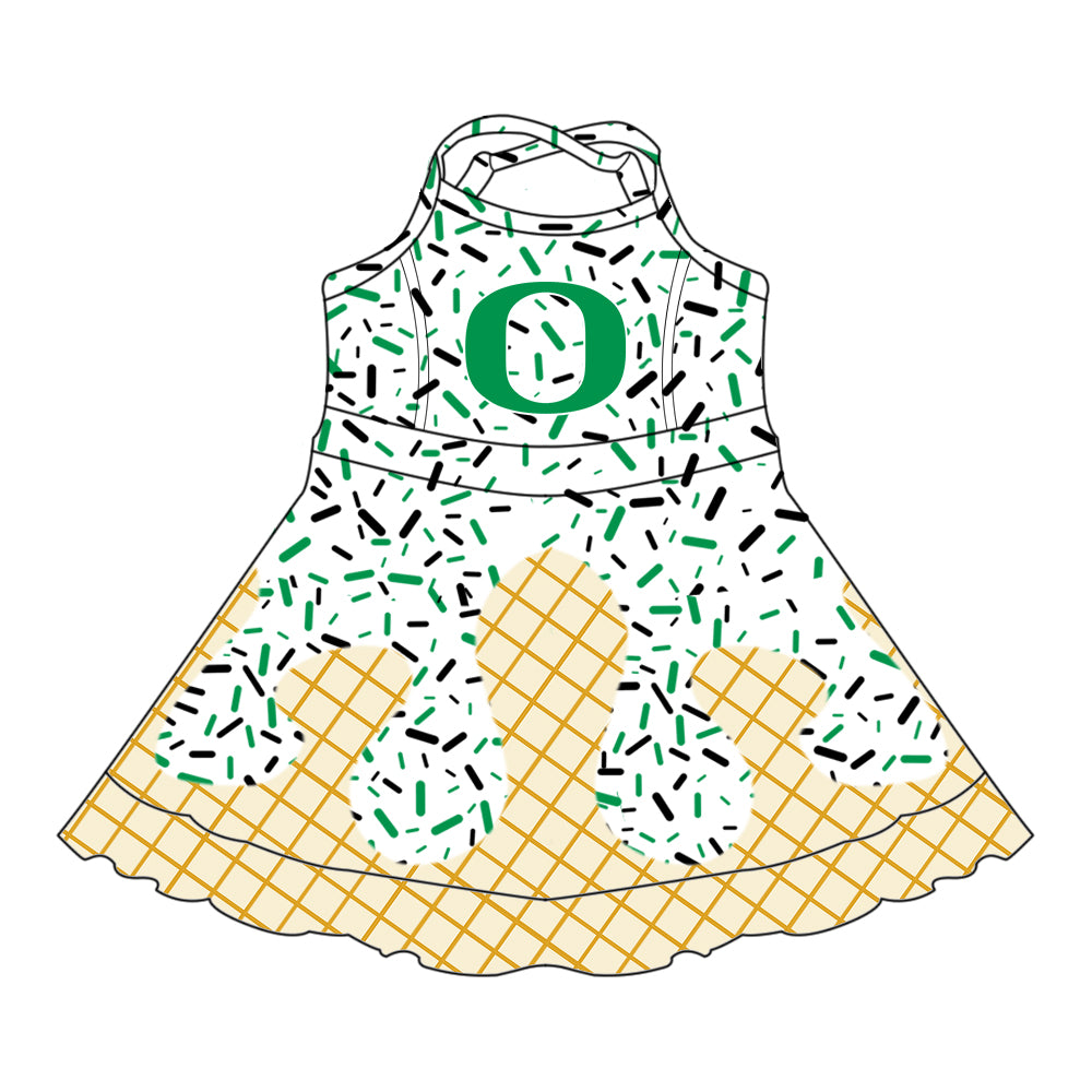 Preorder (moq 5)Baby Girls Strap Green O Drip Shorts Ruffle Team Knee Length Dresses