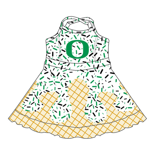 Preorder (moq 5)Baby Girls Strap Green O Drip Shorts Ruffle Team Knee Length Dresses