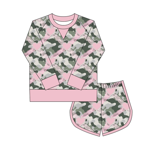Preorder(moq 8)Baby Girls Olive Camo Hearts Checked Long Sleeve Top Shorts Clothes Sets