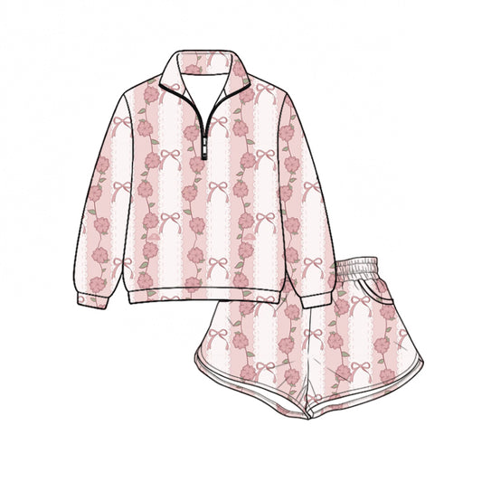 Preorder (moq 5)Baby Girls Pink Bows Flowers Zip Pullovers Pockets Short Clothes Set