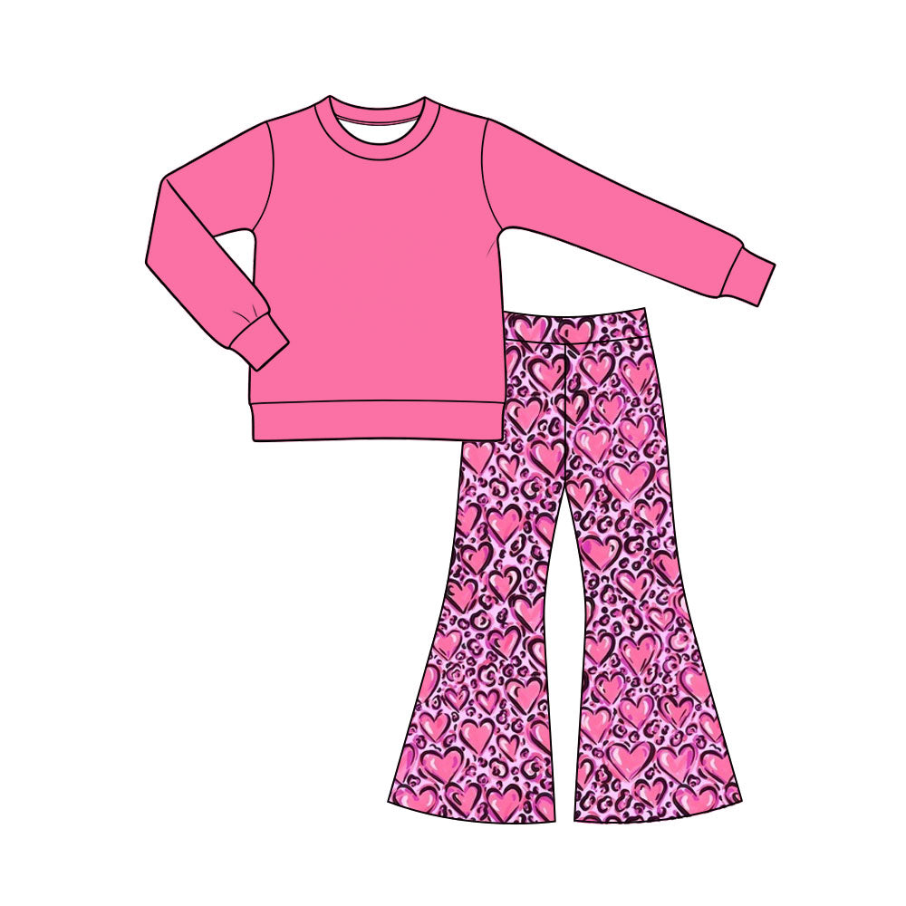 Preorder (moq 5) Baby Girl Clothes Valentine Solid Hot Pink Top Leopard Heart Mixed Print Long Sleeve Flare Pant Set