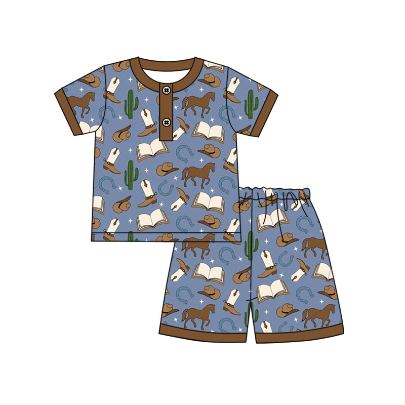 Preorder (moq 5)Baby Boys Brown Top Horse Saddle Shorts Pajamas Clothes Sets