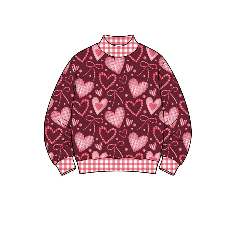 Preorder (moq 5) Baby Girl Clothes Burgundy Plaid Heart Bow Print Long Sleeve Mock Neck Sweatshirt
