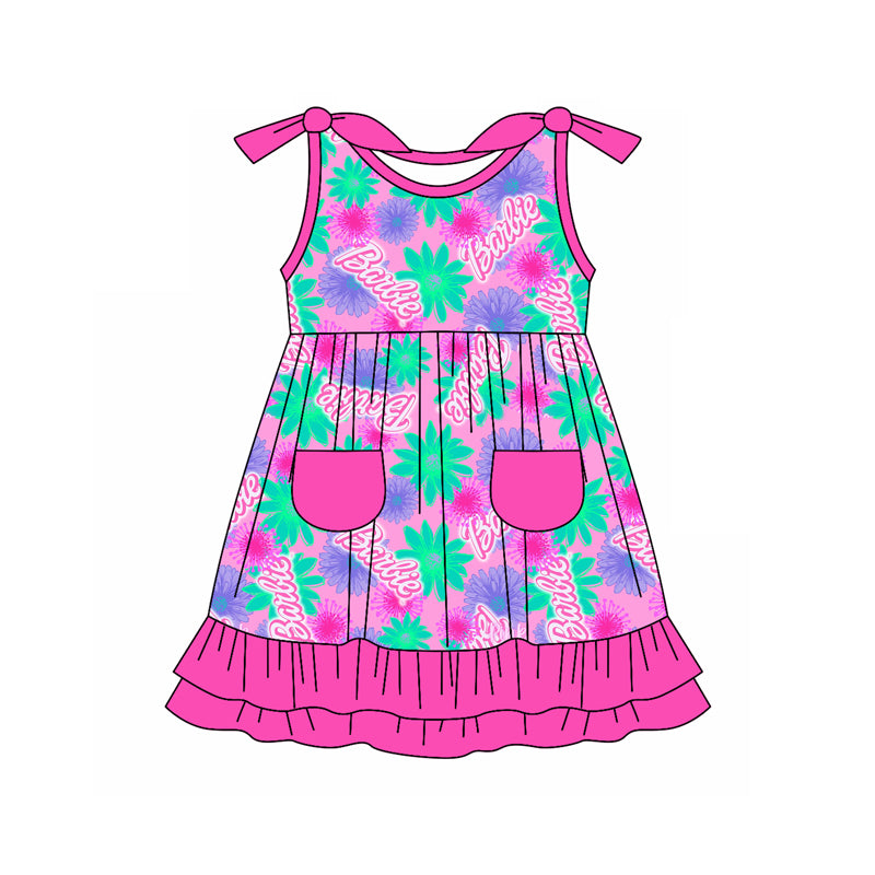 Preorder (moq 5)Baby Girls Pink Doll Flowers Pockets Knee Length Dresses