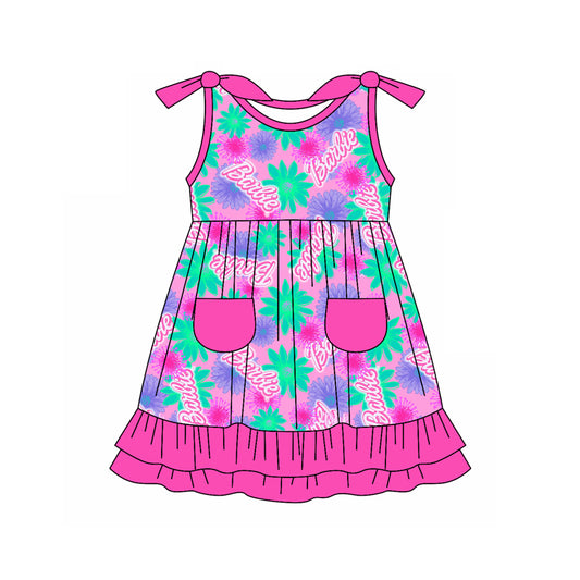 Preorder (moq 5)Baby Girls Pink Doll Flowers Pockets Knee Length Dresses