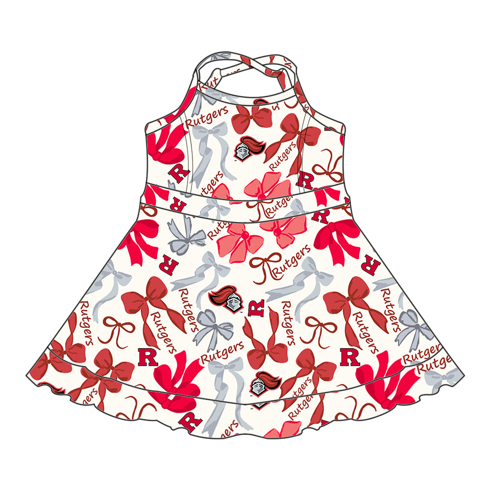 Preorder (moq 5)Baby Girls Strap Red Rutgers Bows Plaid Ruffle Shorts Team Knee Length Dresses