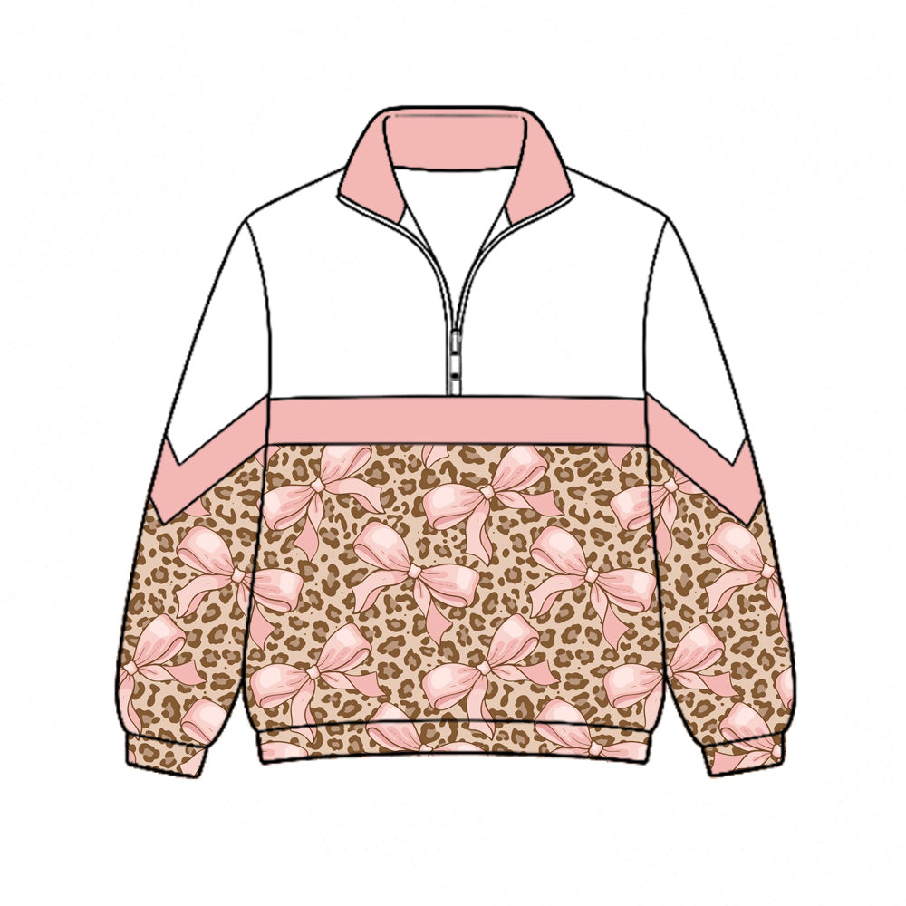 Preorder (moq 5)Baby Girls Pink Bows Leopard Fall Zip Pullovers Top