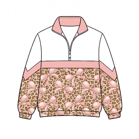 Preorder (moq 5)Baby Girls Pink Bows Leopard Fall Zip Pullovers Top