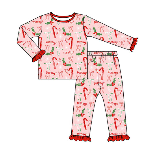 Preorder (moq 5)Baby Girls Candy Cane Top Ruffle Pant Christmas Clothes Set