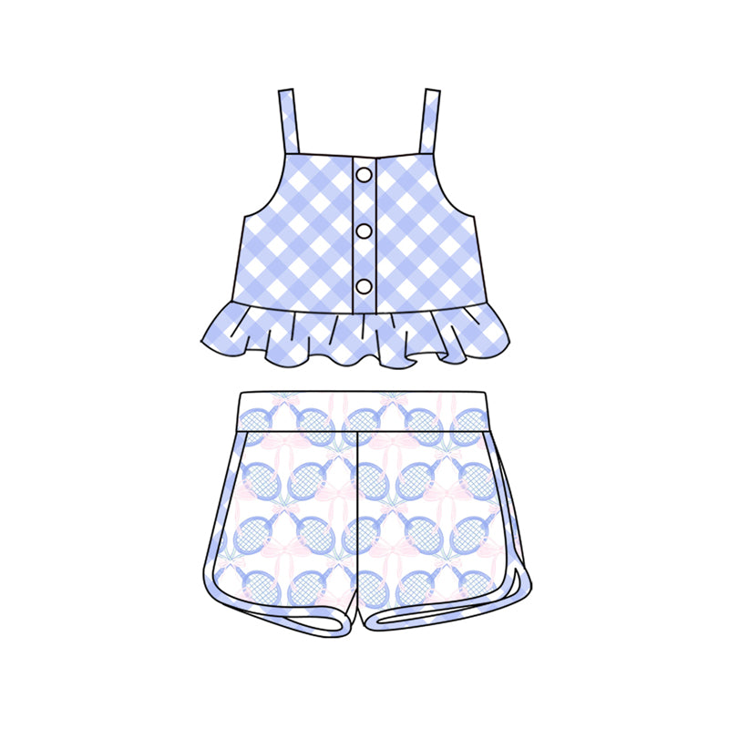 Preorder (moq 5)Baby Girls Blue Checkered Bows Straps Top Tennise Shorts Clothes Sets
