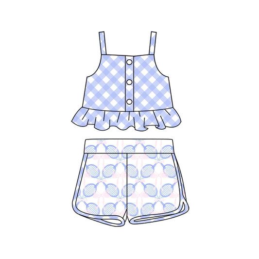 Preorder (moq 5)Baby Girls Blue Checkered Bows Straps Top Tennise Shorts Clothes Sets