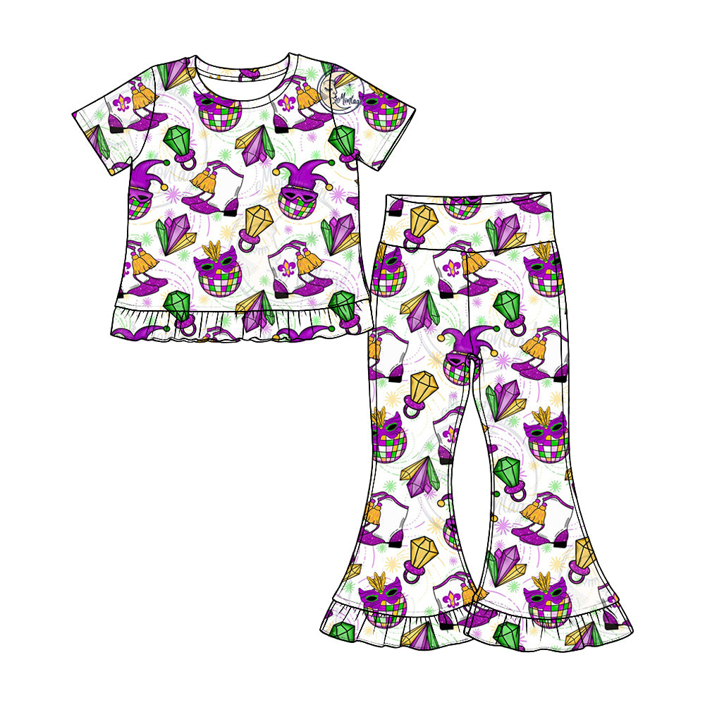 Preorder(moq 5) Girls Ruffle Short Sleeve Top & Ruffle Flare Pants Set Kids Two‑Piece Casual Outfit Set
