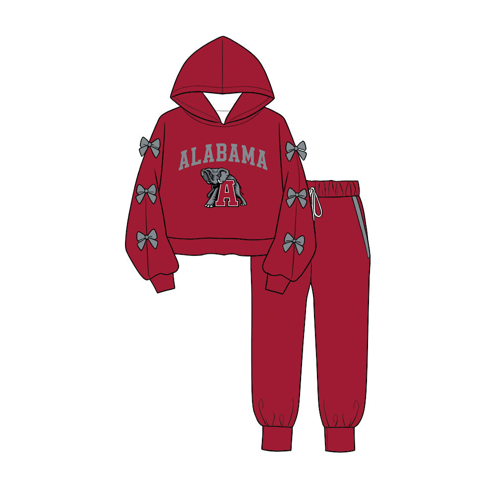 Preorder (moq 5) Baby Girls Bows Sleeves Alabama Hoodie Pockets Jogger Team Clothes Sets