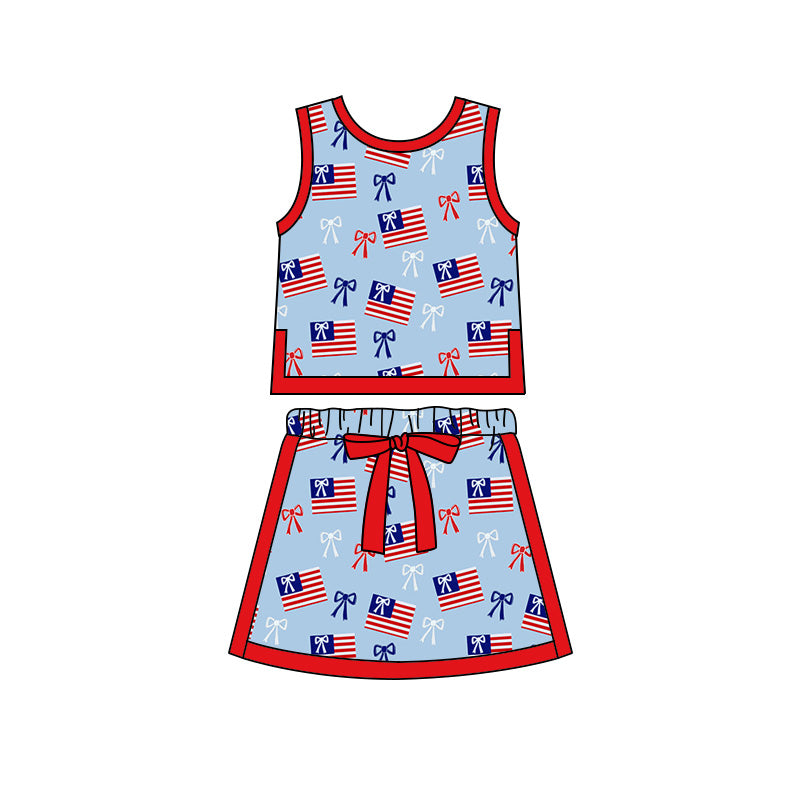 Preorder moq 5 Baby Girls Sleeveless Bows Flags Vests Skirt Shorts 4th of July Clothes Set