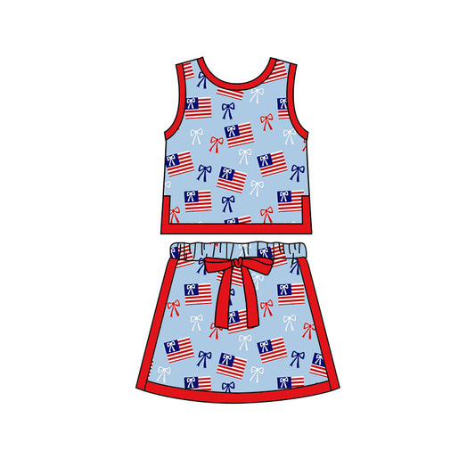 Preorder moq 5 Baby Girls Sleeveless Bows Flags Vests Skirt Shorts 4th of July Clothes Set