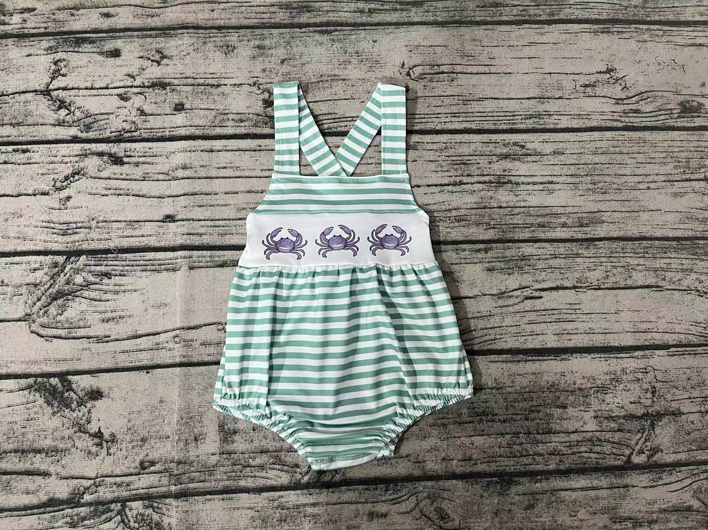 Baby Infant Boys Green Stripes Crabs Straps Rompers