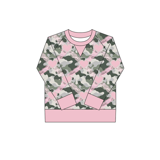 Preorder(moq 8)Baby Girls Olive Camo Hearts Checked Long Sleeve Tee Shirts Top
