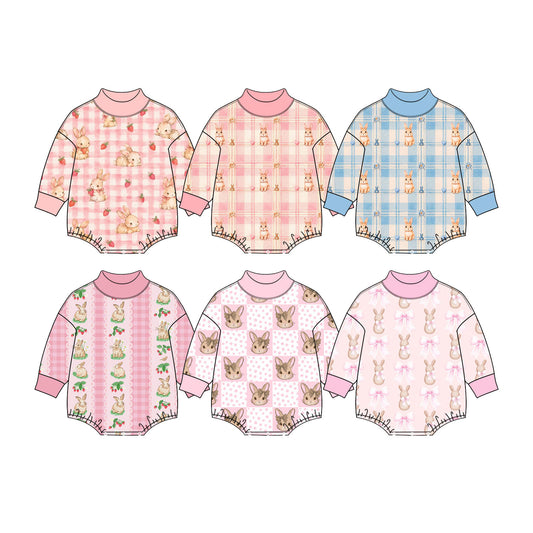 Preorder (moq 5) Baby Girl Clothes Cute Rabbit Pink Plaid Heart Print Long Sleeve Mock Neck Baby Bodysuit