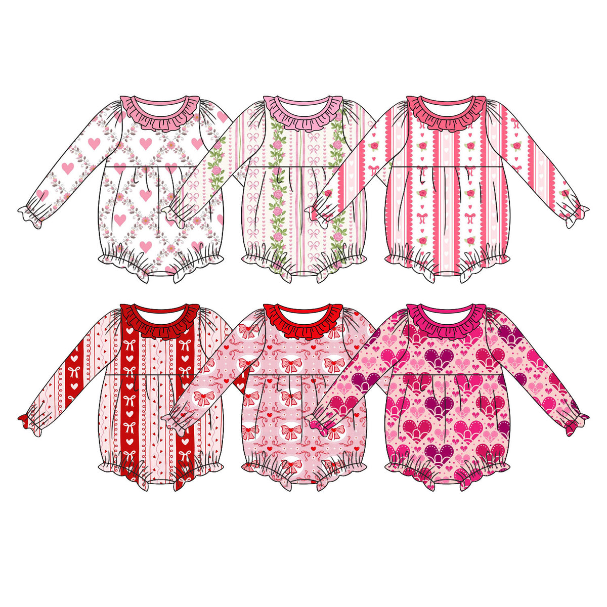 Preorder (moq 5) Baby Girl Clothes Heart Bow Vertical Striped Print Long Sleeve Ruffle Bubble Romper