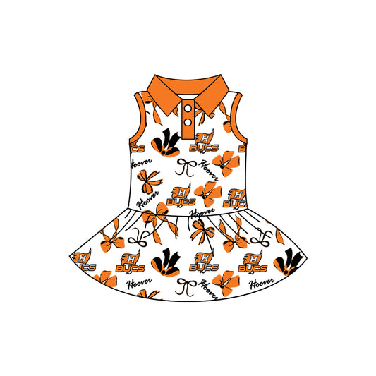 Preorder (moq 5)Baby Girls Sleeveless Orange Bows Bucs Button Team Knee Length Dresses